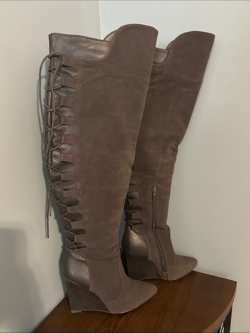 Women's Dark Grey Suede Over-the-Knee Wedge Boots